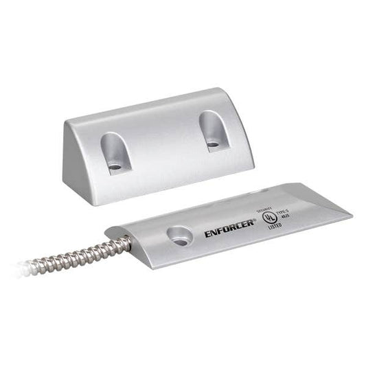 A silver metal door alarm lockset shown on a white background, featuring a triangular mounting plate and a rectangular strike plate with a coiled metal cable. The strike plate is printed with the brand name 'ENFORCER'.