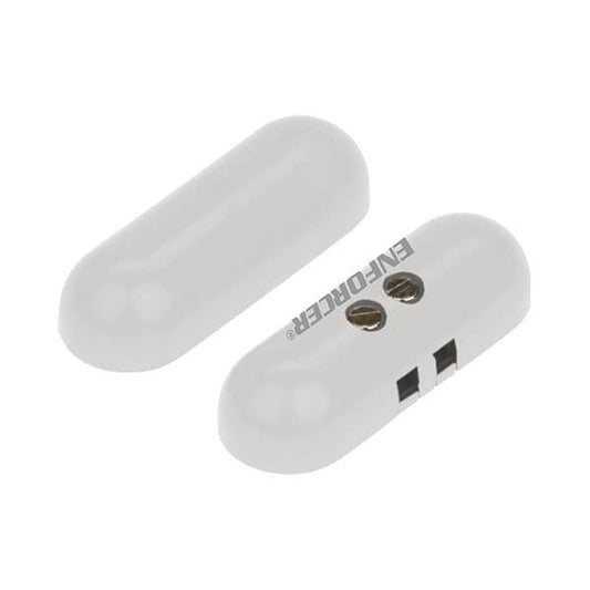 Two white plastic oval-shaped covers with screws, one plain and one printed with the brand name ENFORCER, on a white background.