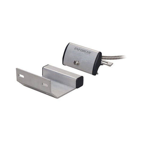 A silver metal security door opener kit with a mounting bracket and a cylindrical motor unit labeled 'ENFORCER' on a white background.