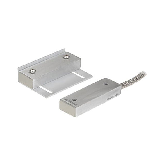 A silver metal magnetic proximity sensor and its mounting bracket, shown on a clean white background.
