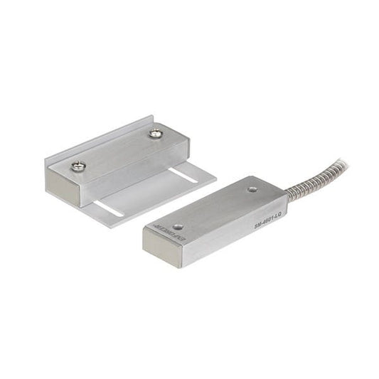 A silver metal magnetic door stop and matching mounting bracket set, shown on a plain white background.