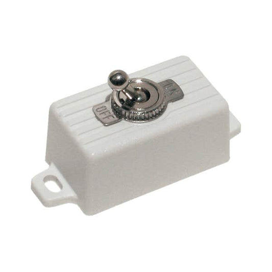 A small white plastic toggle switch with a silver metal lever and a tabbed top, shown on a plain white background.