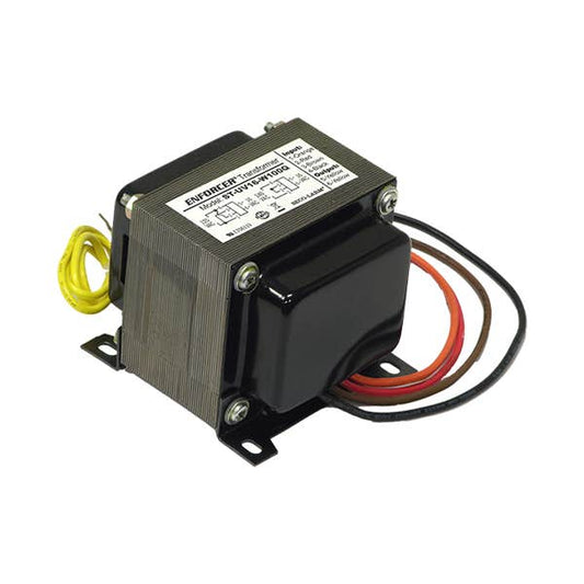 A black and gray electrical transformer with mounting brackets, featuring a white specification label on top and multiple colored wires (yellow, red, black, brown) extending from the side, shown on a plain white background.