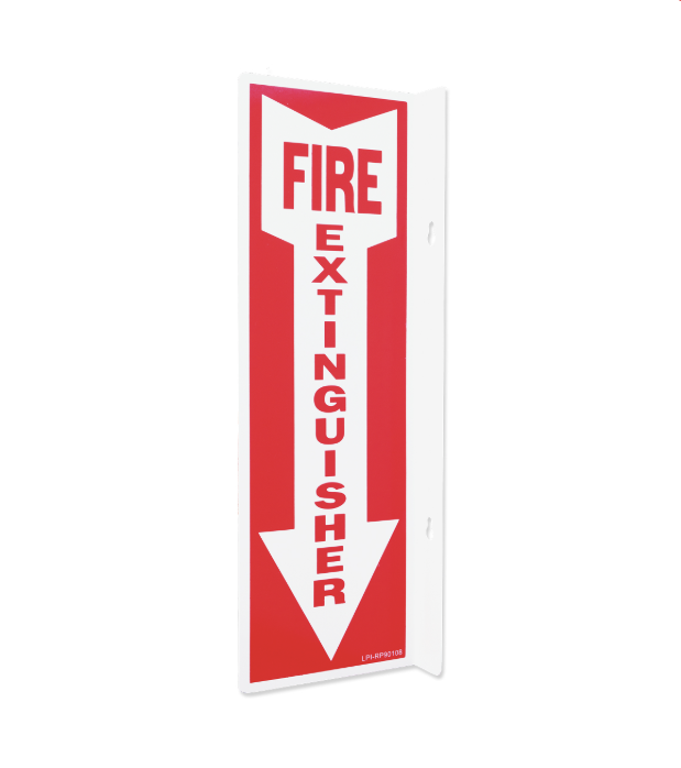 Fire extinguisher sign with red and white colors on a white background