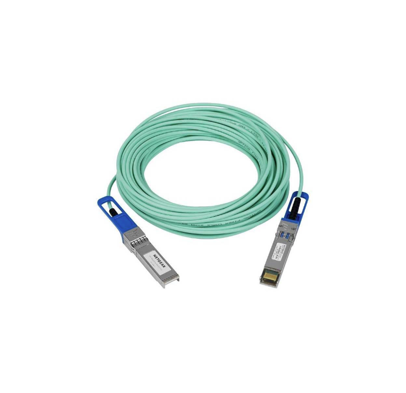 Coiled green fiber optic cable with blue and silver connectors on a white background