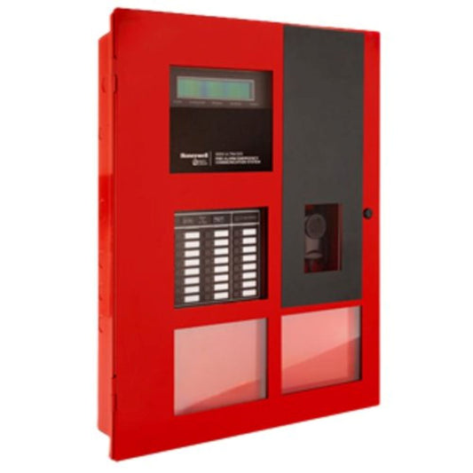 A red fire alarm control panel cabinet with a black digital display, keypad, and glass-front lower compartments, shown on a plain white background.