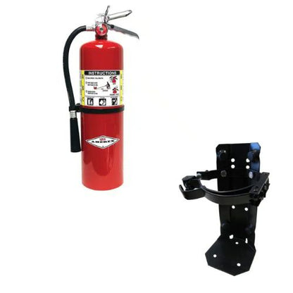Red fire extinguisher and black metal bracket on a white background