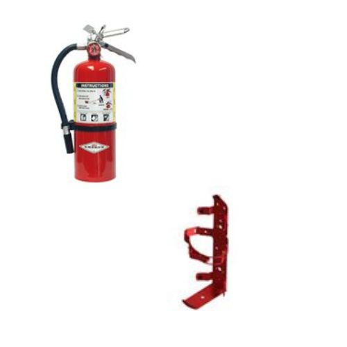 Red fire extinguisher with mounting bracket on a white background