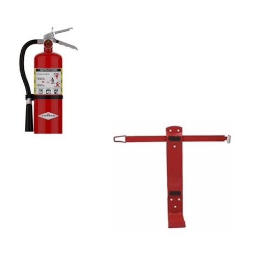 Red fire extinguisher with a stand on a white background