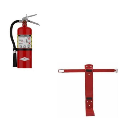 Red fire extinguisher with a stand on a white background