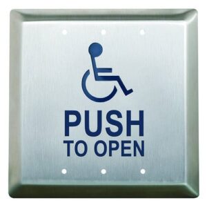 Camden CM-45-4 4 1/2" Square Push Plate Switch, Concealed Screws, 'WHEELCHAIR' Symbol and 'PUSH TO OPEN', Blue