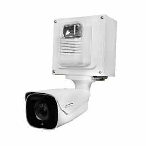 Speco DD1 4MP Indoor Bullet IP Camera with Advanced Analytics and Selectable Audio Voice Warning, Attached Digital Deterrent Alert Box and Built-in Strobe, 2.8-12mm Motorized Lens, White