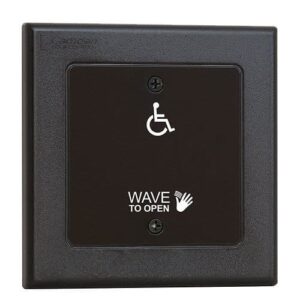 Camden CM-333/42WL1 Hybrid Battery Powered Touchless Switch, Wired Relay, Double Gang Faceplate Hand Icon, ‘Wave to Open’ Text and Wheelchair Symbol (2) ‘AA’ Lithium Batteries